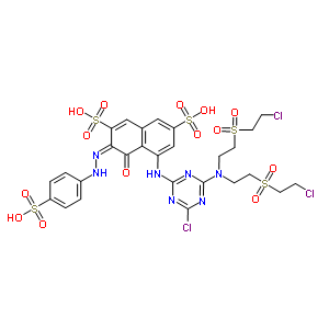 65180-72-5  (3E)-5-{[4-(bis{2-[(2-chloroethyl)sulfonyl]ethyl}amino)-6-chloro-1,3,5-triazin-2-yl]amino}-4-oxo-3-[2-(4-sulfophenyl)hydrazinylidene]-3,4-dihydronaphthalene-2,7-disulfonic acid