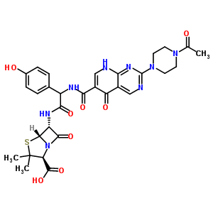 65912-84-7  (2S,5R,6R)-6-{[({[2-(4-acetylpiperazin-1-yl)-5-oxo-5,8-dihydropyrido[2,3-d]pyrimidin-6-yl]carbonyl}amino)(4-hydroxyphenyl)acetyl]amino}-3,3-dimethyl-7-oxo-4-thia-1-azabicyclo[3.2.0]heptane-2-carboxylic acid