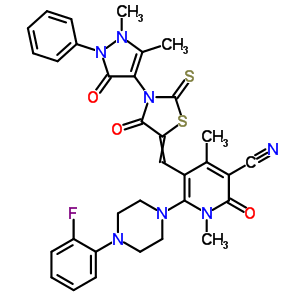 7063-43-6  5-{[3-(1,5-dimethyl-3-oxo-2-phenyl-2,3-dihydro-1H-pyrazol-4-yl)-4-oxo-2-thioxo-1,3-thiazolidin-5-ylidene]methyl}-6-[4-(2-fluorophenyl)piperazin-1-yl]-1,4-dimethyl-2-oxo-1,2-dihydropyridine-3-carbonitrile