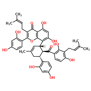 76472-87-2  8-[(1S,5R,6S)-6-{[2,4-dihydroxy-3-(3-methylbut-2-en-1-yl)phenyl]carbonyl}-5-(2,4-dihydroxyphenyl)-3-methylcyclohex-2-en-1-yl]-2-(2,4-dihydroxyphenyl)-5,7-dihydroxy-3-(3-methylbut-2-en-1-yl)-4H-chromen-4-one