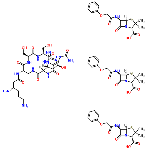 23248-89-7  (2S,5R,6R)-3,3-dimethyl-7-oxo-6-[(phenoxyacetyl)amino]-4-thia-1-azabicyclo[3.2.0]heptane-2-carboxylic acid - (3S)-3,6-diamino-N-[(3S,6Z,9S,12S,15S)-3-[(4R,6S)-2-amino-6-hydroxy-3,4,5,6-tetrahydropyrimidin-4-yl]-6-[(carbamoylamino)methylidene]-9,12-bis(hyd