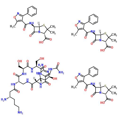 23284-14-2  (2S,5R,6R)-3,3-dimethyl-6-{[(5-methyl-3-phenyl-1,2-oxazol-4-yl)carbonyl]amino}-7-oxo-4-thia-1-azabicyclo[3.2.0]heptane-2-carboxylic acid - (3S)-3,6-diamino-N-[(3S,6Z,9S,12S,15S)-3-[(4R,6S)-2-amino-6-hydroxy-3,4,5,6-tetrahydropyrimidin-4-yl]-6-[(carbamoyla