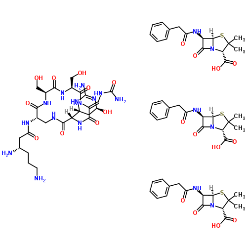 23405-54-1  (2S,5R,6R)-3,3-dimethyl-7-oxo-6-[(phenylacetyl)amino]-4-thia-1-azabicyclo[3.2.0]heptane-2-carboxylic acid - (3S)-3,6-diamino-N-[(3S,6Z,9S,12S,15S)-3-[(4R,6S)-2-amino-6-hydroxy-3,4,5,6-tetrahydropyrimidin-4-yl]-6-[(carbamoylamino)methylidene]-9,12-bis(hydr