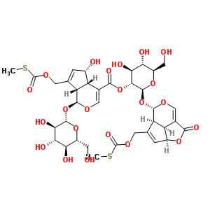 438239-75-9  (2aS,4aS,5S,7bS)-4-({[(methylsulfanyl)carbonyl]oxy}methyl)-1-oxo-2a,4a,5,7b-tetrahydro-1H-2,6-dioxacyclopenta[cd]inden-5-yl 2-O-{[(1S,4aS,5S,7aS)-1-(beta-D-glucopyranosyloxy)-5-hydroxy-7-({[(methylsulfanyl)carbonyl]oxy}methyl)-1,4a,5,7a-tetrahydrocyclopen