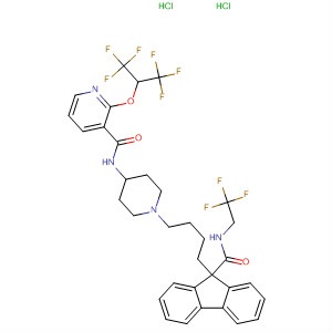 182431-42-1  3-Pyridinecarboxamide,N-[1-[4-[9-[[(2,2,2-trifluoroethyl)amino]carbonyl]-9H-fluoren-9-yl]butyl]-4-piperidinyl]-2-[2,2,2-trifluoro-1-(trifluoromethyl)ethoxy]-, dihydrochloride