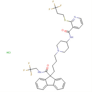 182431-46-5  3-Pyridinecarboxamide,N-[1-[4-[9-[[(2,2,2-trifluoroethyl)amino]carbonyl]-9H-fluoren-9-yl]butyl]-4-piperidinyl]-2-[(3,3,3-trifluoropropyl)thio]-, monohydrochloride