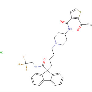 182435-53-6  3-Thiophenecarboxamide,2-acetyl-N-[1-[4-[9-[[(2,2,2-trifluoroethyl)amino]carbonyl]-9H-fluoren-9-yl]butyl]-4-piperidinyl]-, monohydrochloride