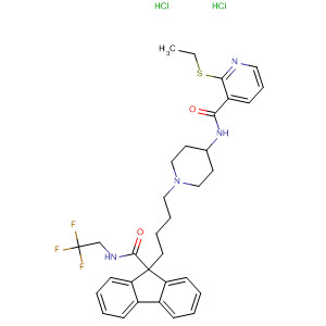 182437-36-1  3-Pyridinecarboxamide,2-(ethylthio)-N-[1-[4-[9-[[(2,2,2-trifluoroethyl)amino]carbonyl]-9H-fluoren-9-yl]butyl]-4-piperidinyl]-, dihydrochloride