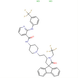 182437-37-2  3-Pyridinecarboxamide,N-[1-[4-[9-[[(2,2,2-trifluoroethyl)amino]carbonyl]-9H-fluoren-9-yl]butyl]-4-piperidinyl]-2-[[3-(trifluoromethyl)phenyl]amino]-, dihydrochloride