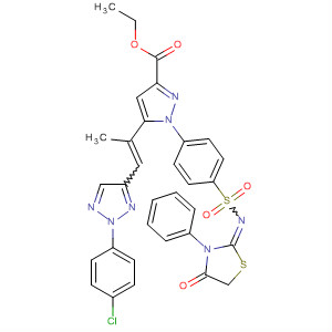 177495-59-9  1H-Pyrazole-3-carboxylic acid,5-[2-[2-(4-chlorophenyl)-2H-1,2,3-triazol-4-yl]-1-methylethenyl]-1-[4-[[(4-oxo-3-phenyl-2-thiazolidinylidene)amino]sulfonyl]phenyl]-, ethyl ester