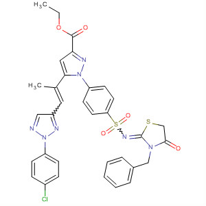 177495-60-2  1H-Pyrazole-3-carboxylic acid,5-[2-[2-(4-chlorophenyl)-2H-1,2,3-triazol-4-yl]-1-methylethenyl]-1-[4-[[[4-oxo-3-(phenylmethyl)-2-thiazolidinylidene]amino]sulfonyl]phenyl]-, ethylester