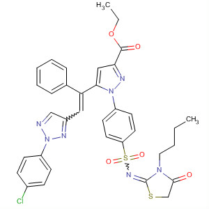 177495-61-3  1H-Pyrazole-3-carboxylic acid,1-[4-[[(3-butyl-4-oxo-2-thiazolidinylidene)amino]sulfonyl]phenyl]-5-[2-[2-(4-chlorophenyl)-2H-1,2,3-triazol-4-yl]-1-phenylethenyl]-, ethyl ester