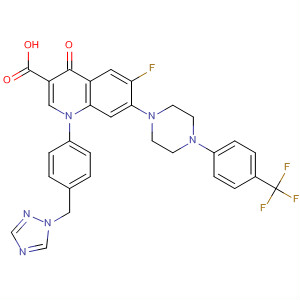 157844-77-4  3-Quinolinecarboxylic acid,6-fluoro-1,4-dihydro-4-oxo-1-[4-(1H-1,2,4-triazol-1-ylmethyl)phenyl]-7-[4-[4-(trifluoromethyl)phenyl]-1-piperazinyl]-