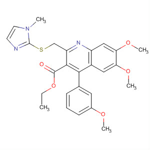 153395-01-8  3-Quinolinecarboxylic acid,6,7-dimethoxy-4-(3-methoxyphenyl)-2-[[(1-methyl-1H-imidazol-2-yl)thio]methyl]-, ethyl ester