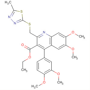 153395-15-4  3-Quinolinecarboxylic acid,4-(3,4-dimethoxyphenyl)-6,7-dimethoxy-2-[[(5-methyl-1,3,4-thiadiazol-2-yl)thio]methyl]-, ethyl ester
