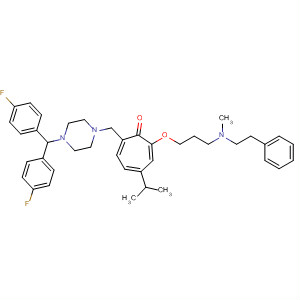 142223-62-9  2,4,6-Cycloheptatrien-1-one,7-[[4-[bis(4-fluorophenyl)methyl]-1-piperazinyl]methyl]-4-(1-methylethyl)-2-[3-[methyl(2-phenylethyl)amino]propoxy]-