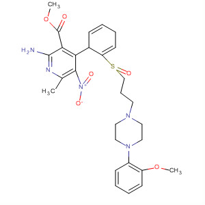 141027-77-2  3-Pyridinecarboxylic acid,2-amino-1,4-dihydro-4-[2-[[3-[4-(2-methoxyphenyl)-1-piperazinyl]propyl]sulfinyl]phenyl]-6-methyl-5-nitro-, methyl ester