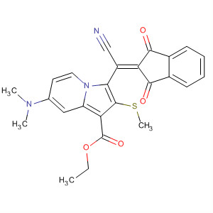 140231-01-2  1-Indolizinecarboxylic acid,3-[cyano(1,3-dihydro-1,3-dioxo-2H-inden-2-ylidene)methyl]-7-(dimethylamino)-2-(methylthio)-, ethyl ester