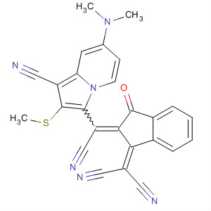 140231-03-4  1-Indolizinecarbonitrile,3-[cyano[1-(dicyanomethylene)-1,3-dihydro-3-oxo-2H-inden-2-ylidene]methyl]-7-(dimethylamino)-2-(methylthio)-