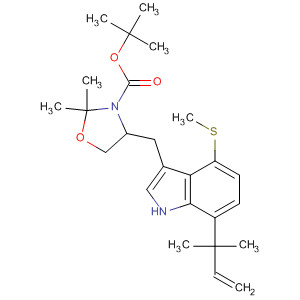 138372-13-1  3-Oxazolidinecarboxylic acid,4-[[7-(1,1-dimethyl-2-propenyl)-4-(methylthio)-1H-indol-3-yl]methyl]-2,2-dimethyl-, 1,1-dimethylethyl ester, (S)-