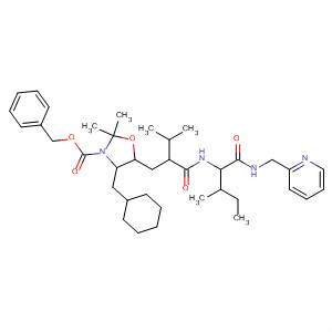 137158-07-7  3-Oxazolidinecarboxylic acid,4-(cyclohexylmethyl)-2,2-dimethyl-5-[3-methyl-2-[[[2-methyl-1-[[(2-pyridinylmethyl)amino]carbonyl]butyl]amino]carbonyl]butyl]-, phenylmethyl ester