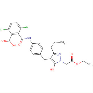 137861-23-5  1H-Pyrazole-1-acetic acid,4-[[4-[(2-carboxy-3,6-dichlorobenzoyl)amino]phenyl]methyl]-5-hydroxy-3-propyl-, a-ethyl ester