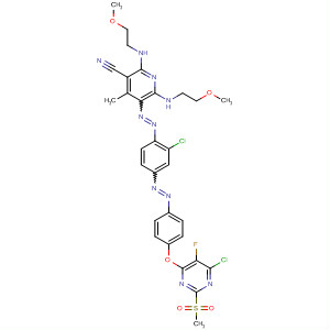 105743-39-3  3-Pyridinecarbonitrile,5-[[2-chloro-4-[[4-[[6-chloro-5-fluoro-2-(methylsulfonyl)-4-pyrimidinyl]oxy]phenyl]azo]phenyl]azo]-2,6-bis[(2-methoxyethyl)amino]-4-methyl-