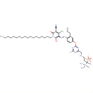 105916-45-8  1-Propanaminium,3-[[4-[4-[(5-cyano-1,6-dihydro-2-hydroxy-4-methyl-1-octadecyl-6-oxo-3-pyridinyl)azo]-3-propylphenoxy]-6-fluoro-1,3,5-triazin-2-yl]methylamino]-N,N,N-trimethyl-, methyl sulfate (salt)