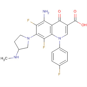 104885-10-1  3-Quinolinecarboxylic acid,5-amino-6,8-difluoro-1-(4-fluorophenyl)-1,4-dihydro-7-[3-(methylamino)-1-pyrrolidinyl]-4-oxo-