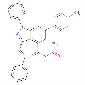 105509-45-3  1H-Indazole-4-carboxamide,N-(aminocarbonyl)-4,5-dihydro-6-(4-methylphenyl)-1-phenyl-3-(2-phenylethenyl)-