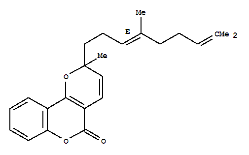 114727-96-7  2H,5H-Pyrano[3,2-c][1]benzopyran-5-one,2-[(3E)-4,8-dimethyl-3,7-nonadien-1-yl]-2-methyl-, (+)-