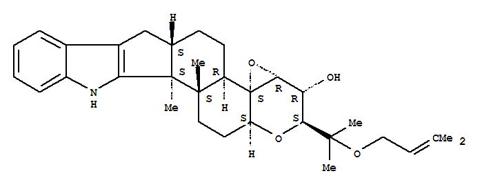 156967-66-7  2H,6H-Oxireno[3'',4'']pyrano[2'',3'':5',6']benz[1',2':6,7]indeno[1,2-b]indol-3-ol,3,3a,4b,5,6a,7,12,12b,12c,13,14,14a-dodecahydro-12b,12c-dimethyl-2-[1-methyl-1-[(3-methyl-2-buten-1-yl)oxy]ethyl]-,(2S,3R,3aR,4aS,4bR,6aS,12bS,12cS,14aS)-