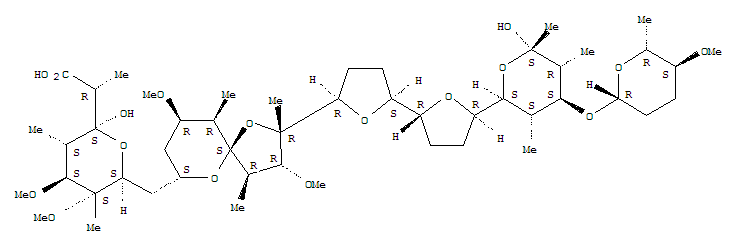 160791-16-2  2H-Pyran-2-acetic acid,6-[[(2R,3R,4R,5S,7S,9R,10R)-3,9-dimethoxy-2,4,10-trimethyl-2-[(2S,2'R,5R,5'R)-octahydro-5'-[(2S,3S,4S,5R,6S)-tetrahydro-6-hydroxy-3,5,6-trimethyl-4-[[(2R,5S,6R)-tetrahydro-5-methoxy-6-methyl-2H-pyran-2-yl]oxy]-2H-pyran-2-yl][2,2'-bi