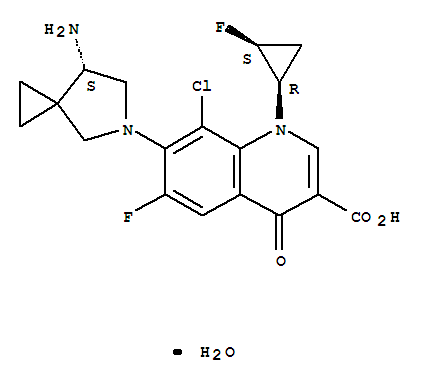 163253-37-0  3-Quinolinecarboxylicacid,7-[(7S)-7-amino-5-azaspiro[2.4]hept-5-yl]-8-chloro-6-fluoro-1-[(1R,2S)-2-fluorocyclopropyl]-1,4-dihydro-4-oxo-,hydrate (1:1)