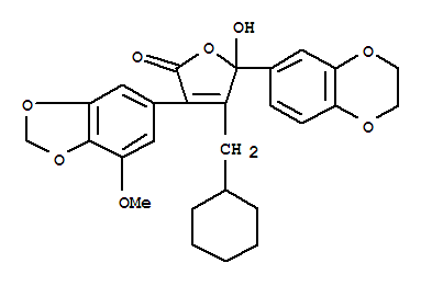 172548-79-7  2(5H)-Furanone,4-(cyclohexylmethyl)-5-(2,3-dihydro-1,4-benzodioxin-6-yl)-5-hydroxy-3-(7-methoxy-1,3-benzodioxol-5-yl)-