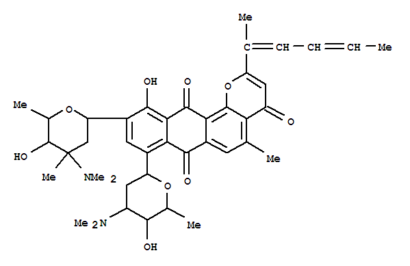 110954-32-0  4H-Anthra[1,2-b]pyran-4,7,12-trione,11-hydroxy-5-methyl-2-[(1E,3E)-1-methyl-1,3-pentadienyl]-8-[2,3,6-trideoxy-3-(dimethylamino)-b-D-arabino-hexopyranosyl]-10-[2,3,6-trideoxy-3-(dimethylamino)-3-C-methyl-a-L-lyxo-hexopyranosyl]- (9CI)