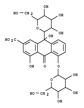 111614-10-9  2-Anthracenecarboxylicacid, 9-b-D-glucopyranosyl-5-(b-D-glucopyranosyloxy)-9,10-dihydro-4,9-dihydroxy-10-oxo-,(5R)- (9CI)