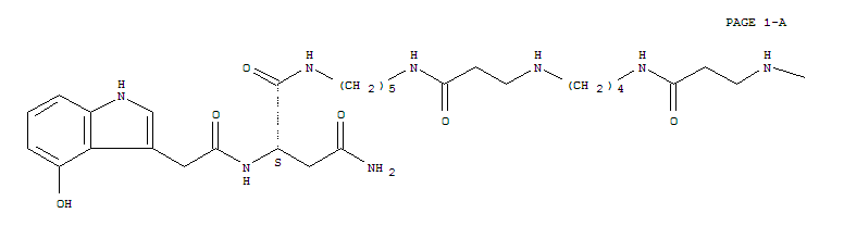 119613-52-4  Butanediamide,N1-(41-amino-7,16,25,34-tetraoxo-6,10,15,19,24,28,33,37-octaazahentetracont-1-yl)-2-[[(4-hydroxy-1H-indol-3-yl)acetyl]amino]-,(2S)- (9CI)