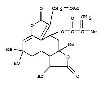 140447-34-3  2-Propenoic acid,2-methyl-,(6R,7E,11S,12aR)-3-acetyl-10-[(acetyloxy)methyl]-2,4,5,6,9,11,12,12a-octahydro-6-hydroxy-6,12a-dimethyl-2,9-dioxocyclodeca[1,2-b:5,6-b']difuran-11-ylester (9CI)
