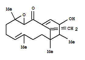 141361-14-0  4-Oxatricyclo[10.3.1.03,5]hexadeca-8,15-dien-2-one,14-hydroxy-5,9,12,13-tetramethyl-16-methylene-, (3S,5R,8E,12S,13S,14S)-