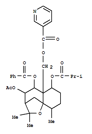 147029-05-8  3-Pyridinecarboxylicacid,[(3S,4S,5S,5aS,6S,9R,9aS)-4-(acetyloxy)-5-(benzoyloxy)octahydro-2,2,9-trimethyl-6-(2-methyl-1-oxopropoxy)-5aH-3,9a-methano-1-benzoxepin-5a-yl]methylester (9CI)