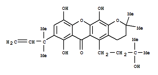 155379-45-6  2H,6H-Pyrano[3,2-b]xanthen-6-one,8-(1,1-dimethyl-2-propenyl)-3,4-dihydro-7,10,12-trihydroxy-5-(3-hydroxy-3-methylbutyl)-2,2-dimethyl-(9CI)