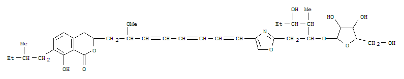 159311-92-9  1H-2-Benzopyran-1-one,3,4-dihydro-8-hydroxy-3-[8-[2-[4-hydroxy-3-methyl-2-(pentofuranosyloxy)hexyl]-4-oxazolyl]-2-methoxy-3,5,7-octatrienyl]-7-(2-methylbutyl)-(9CI)