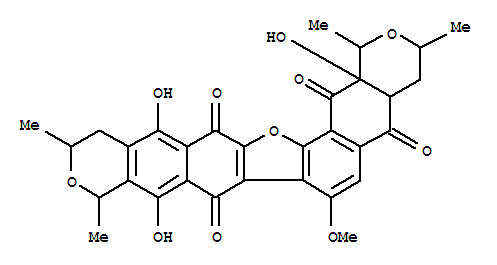 160669-41-0  1H,8H-Furo[2'',3'':6,7;4'',5'':7',8']dinaphtho[2,3-c:2',3'-c']dipyran-5,8,15,17(10H)-tetrone,3,4,4a,12,13,17a-hexahydro-9,14,17a-trihydroxy-7-methoxy-1,3,10,12-tetramethyl-,(1R,3S,4aR,10R,12S,17aR)-rel-(+)- (9CI)