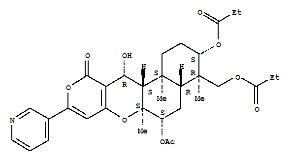 165467-61-8  2H,11H-Naphtho[2,1-b]pyrano[3,4-e]pyran-11-one,6-(acetyloxy)-1,3,4,4a,5,6,6a,12,12a,12b-decahydro-12-hydroxy-4,6a,12b-trimethyl-3-(1-oxopropoxy)-4-[(1-oxopropoxy)methyl]-9-(3-pyridinyl)-,(3S,4R,4aR,6S,6aS,12R,12aS,12bS)-