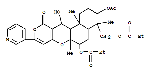 165467-62-9  2H,11H-Naphtho[2,1-b]pyrano[3,4-e]pyran-11-one,3-(acetyloxy)-1,3,4,4a,5,6,6a,12,12a,12b-decahydro-12-hydroxy-4,6a,12b-trimethyl-6-(1-oxopropoxy)-4-[(1-oxopropoxy)methyl]-9-(3-pyridinyl)-,(3S,4R,4aR,6S,6aS,12R,12aS,12bS)- (9CI)