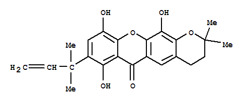166281-38-5  2H,6H-Pyrano[3,2-b]xanthen-6-one,8-(1,1-dimethyl-2-propenyl)-3,4-dihydro-7,10,12-trihydroxy-2,2-dimethyl- (9CI)