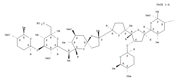 101621-30-1  2H-Pyran-2-acetic acid,tetrahydro-2-hydroxy-5-methoxy-6-[(1R)-1-[(2S,5R,7S,8R,9S)-9-methoxy-2,8-dimethyl-2-[(2S,2'R,3'S,5R,5'R)-octahydro-2-methyl-3'-[[(2S,5S,6R)-tetrahydro-5-methoxy-6-methyl-2H-pyran-2-yl]oxy]-5'-[(2S,3S,5R,6S)-tetrahydro-6-methoxy-3,5,