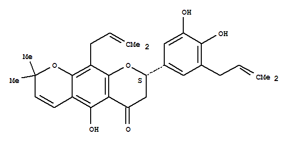 119347-05-6  2H,6H-Benzo[1,2-b:5,4-b']dipyran-6-one,8-[3,4-dihydroxy-5-(3-methyl-2-butenyl)phenyl]-7,8-dihydro-5-hydroxy-2,2-dimethyl-10-(3-methyl-2-butenyl)-,(8S)- (9CI)