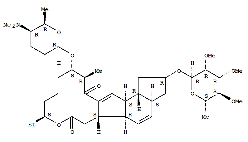 132016-82-1  1H-as-Indaceno[3,2-d]oxacyclododecin-7,15-dione,2-[(6-deoxy-2,3,4-tri-O-methyl-a-L-mannopyranosyl)oxy]-13-[[(2R,5R,6R)-5-(dimethylamino)tetrahydro-6-methyl-2H-pyran-2-yl]oxy]-9-ethyl-2,3,3a,5a,5b,6,9,10,11,12,13,14,16a,16b-tetradecahydro-14-methyl-,(2R,3a